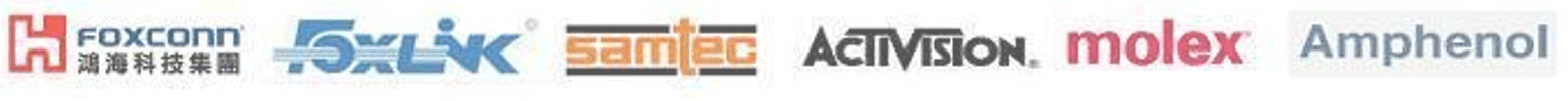 コネクタ協力企業のロゴ。左からFOXCONN、FoxLink、samtec、ACTIVISION、molex、Amphenol