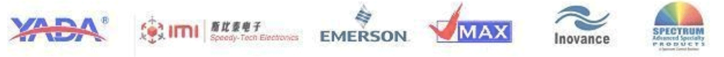 特殊部品取引企業のロゴ。左からYADA、IMI、EMERSON、VMAX、Inovance、SPECTRUM