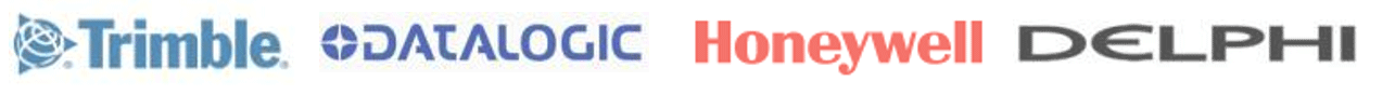 工業・自動車産業の企業ロゴ。左からTrimble、Honeywell、DELPHI